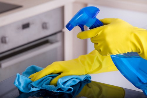 Sanitized office kitchen and breakroom with tidy counters and appliances